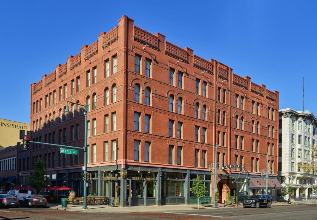 A street view of the Historic Oxford Hotel in LoDo Denver. 