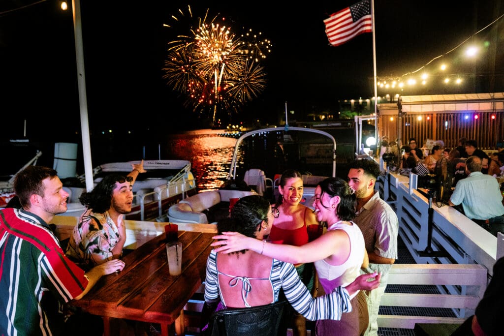 Visitors enjoy a fireworks display over the bay during a summer evening on South Padre Island.