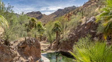 Natural hot springs pool nestled among palm trees and rocky desert canyon walls at Castle Hot Springs in Arizona, with guests enjoying the water beneath a blue sky.