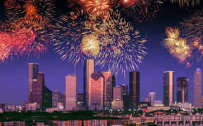 Fireworks burst above the Houston skyline during the Freedom Over Texas Independence Day celebration.