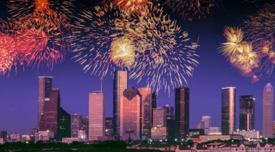 Fireworks burst above the Houston skyline during the Freedom Over Texas Independence Day celebration.