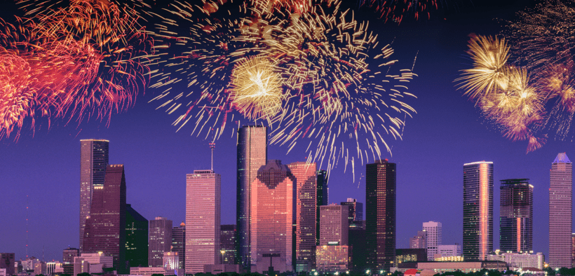 Fireworks burst above the Houston skyline during the Freedom Over Texas Independence Day celebration.