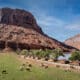 Aerial view of Red Cliffs Lodge Moab with horses grazing in a pasture beside the Colorado River and towering red rock cliffs.