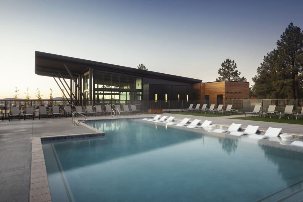 Swimming pool and clubhouse at Village Camp Flagstaff in Bellemont, Arizona.