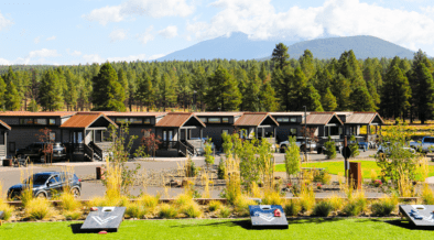 Village Camp Flagstaff cabins with forest and mountain views near Flagstaff, Arizona.
