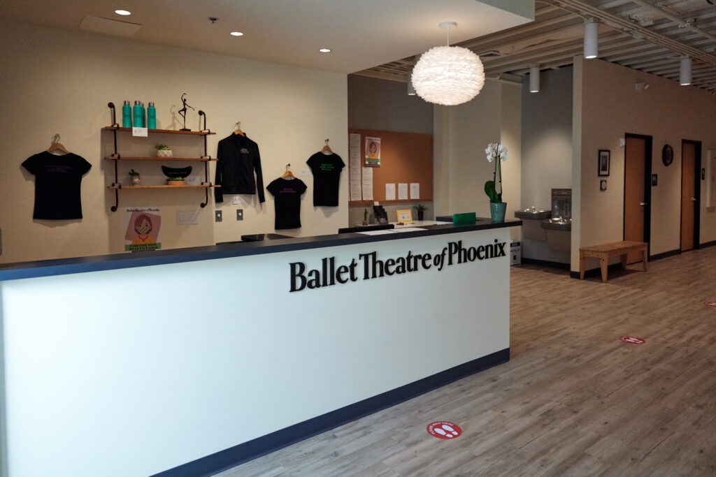 Reception area at the former Ballet Theatre of Phoenix, now joining The School of Ballet Arizona as its North Central Phoenix campus.