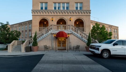 Front entrance of the historic Hotel Parq Central boutique hotel in Albuquerque, New Mexico.