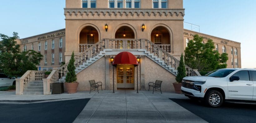 Front entrance of the historic Hotel Parq Central boutique hotel in Albuquerque, New Mexico.