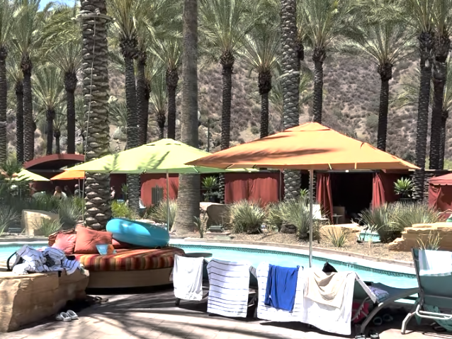 Poolside cabanas and lounge area beside the lazy river at Harrah's Southern California Resort in Funner, California.