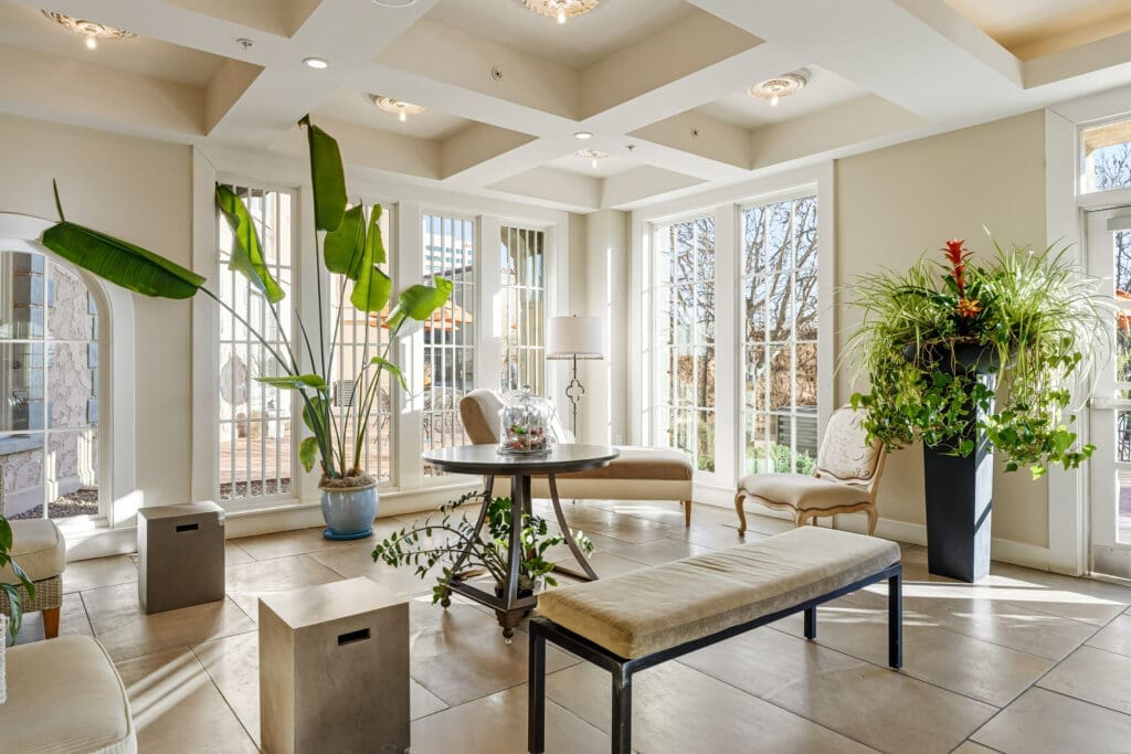 Conservatory lobby at Hotel Parq Central boutique hotel in Albuquerque, New Mexico.