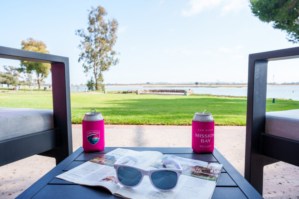 Private waterfront patio outside the San Diego Wave FC Suite overlooking Mission Bay.