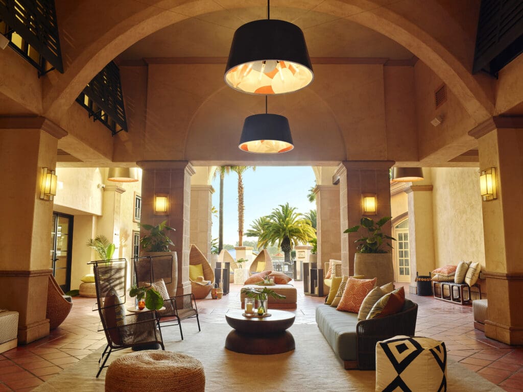 Lobby at San Diego Mission Bay Resort featuring contemporary seating and views toward Mission Bay.
