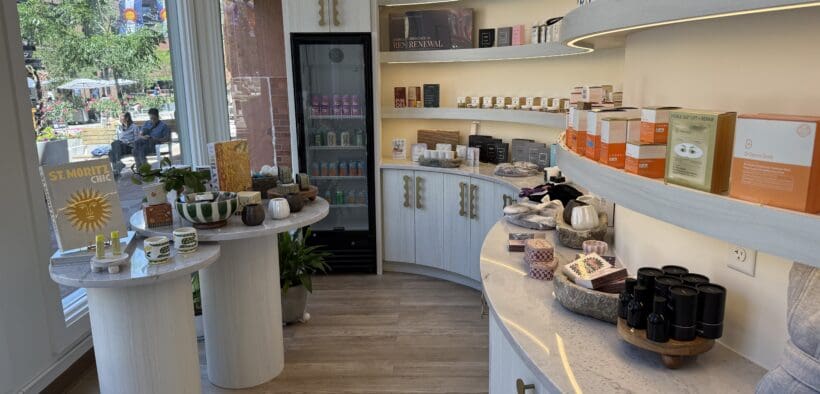 Boutique retail area inside Sway Wellness Spa in Denver's Larimer Square featuring skincare products and wellness items.