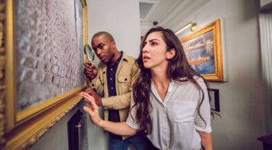 Two guests examine clues inside The Heist escape room at The Escape Game in Gilbert, Arizona.