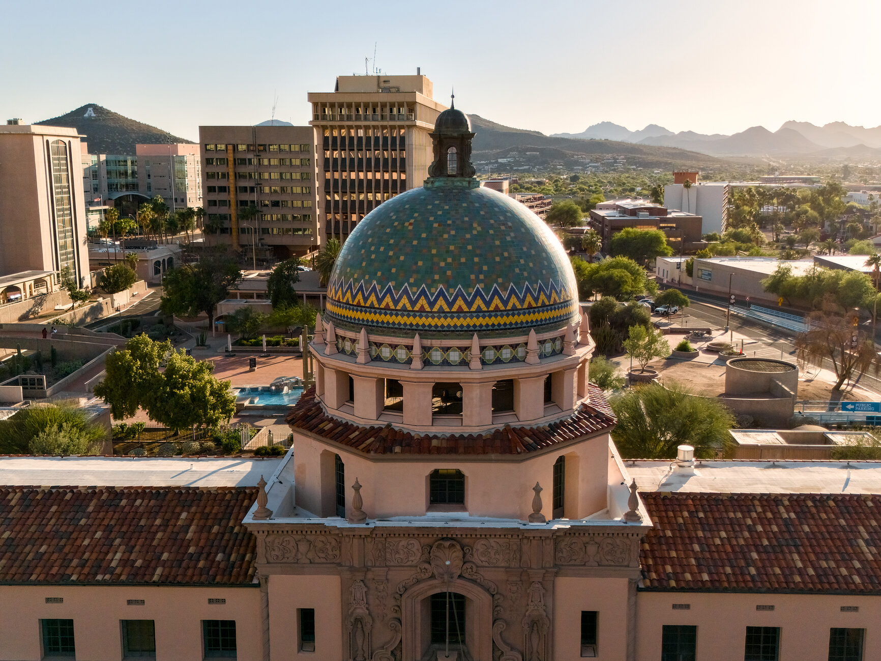Aerial view of Tucson's historic courthouse dome and downtown.