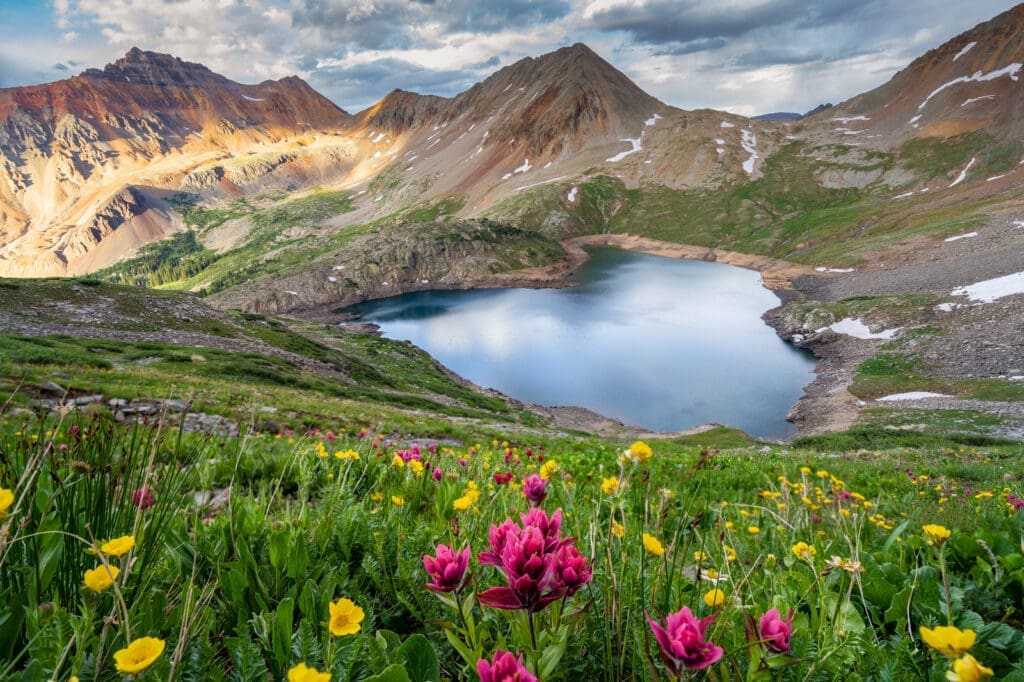 Colorful summer wildflowers overlook an alpine lake surrounded by rugged peaks in the San Juan Mountains near Telluride, Colorado.