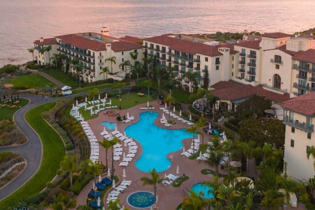 The Terranea Resort perched on a cliff overlooking the pacific ocean.