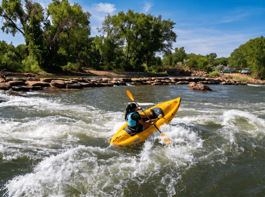 Kayaker paddles a yellow kayak through rapids on the Animas River in Farmington, New Mexico.