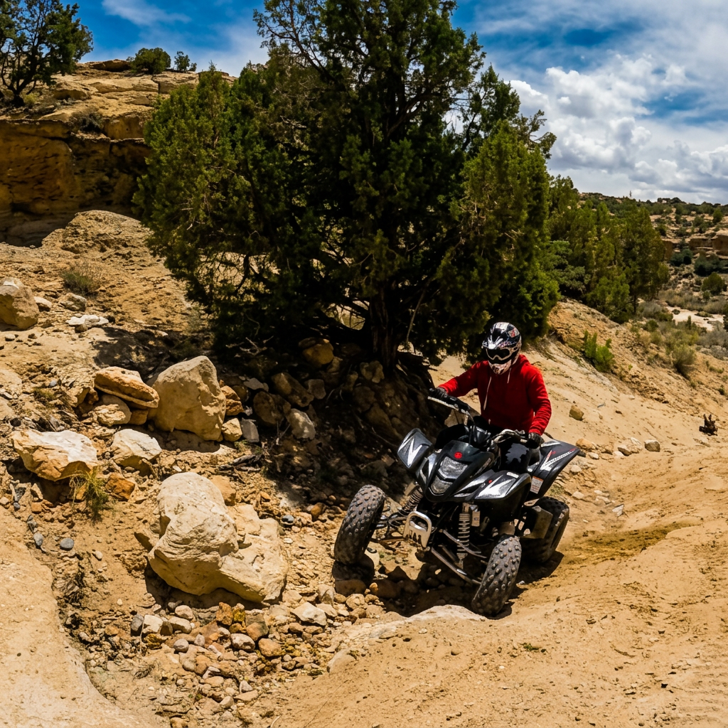 ATV rider navigates a rocky desert trail surrounded by sandstone and juniper trees near Farmington, New Mexico.