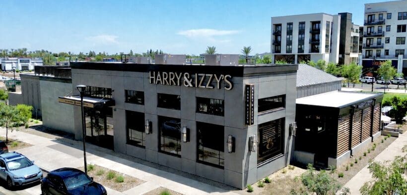 Exterior aerial view of Harry & Izzy's restaurant at PV in Paradise Valley, Arizona.