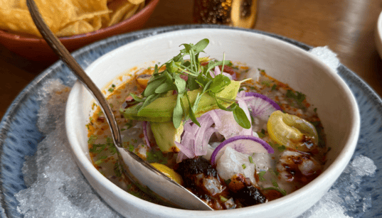 Red snapper ceviche with avocado, red onion and herbs served over ice at Tamayo in Denver.
