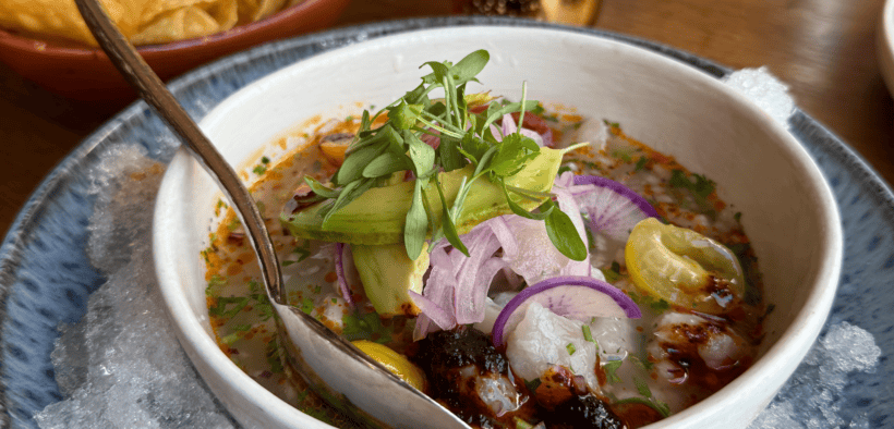 Red snapper ceviche with avocado, red onion and herbs served over ice at Tamayo in Denver.