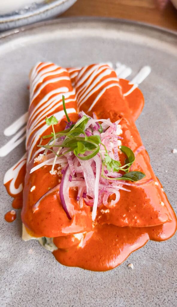 Shrimp and crab enchiladas covered in red guajillo sauce and topped with red onion and greens at Tamayo.