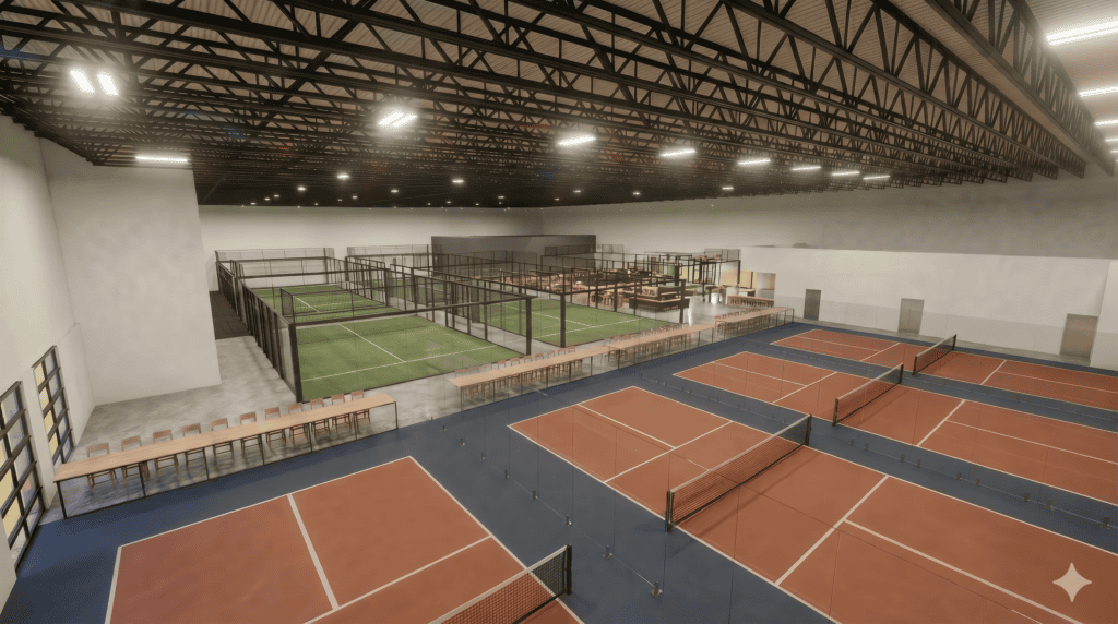 Aerial rendering of indoor racket sports courts at Three Rackets in Broomfield, Colorado.