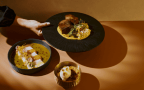 El Sol tasting menu with tiradito, braised short rib and pumpkin crème brûlée arranged in golden light at Tamayo in Denver.