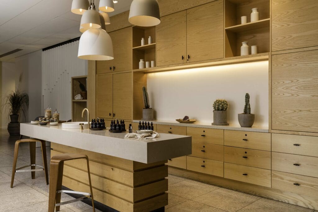 Palo Verde Spa & Apothecary at Andaz Scottsdale with modern wood-paneled apothecary counter and desert-inspired decor.