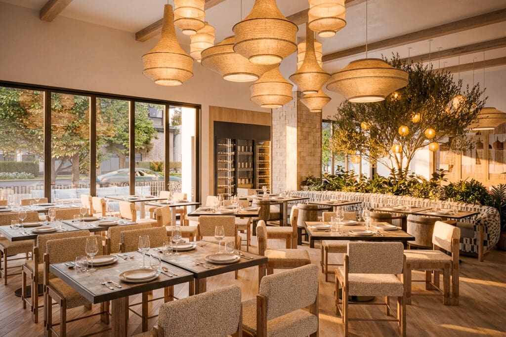 Dining room at Sartén Kitchen & Bar with woven pendant lights, wood furnishings and indoor greenery.