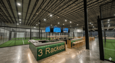 Rendering of the central bar surrounded by indoor courts at Three Rackets in Broomfield, Colorado.