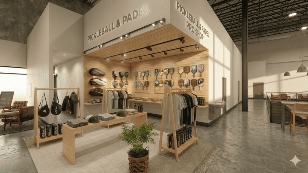Rendering of the pickleball and padel pro shop at Three Rackets in Broomfield, Colorado.