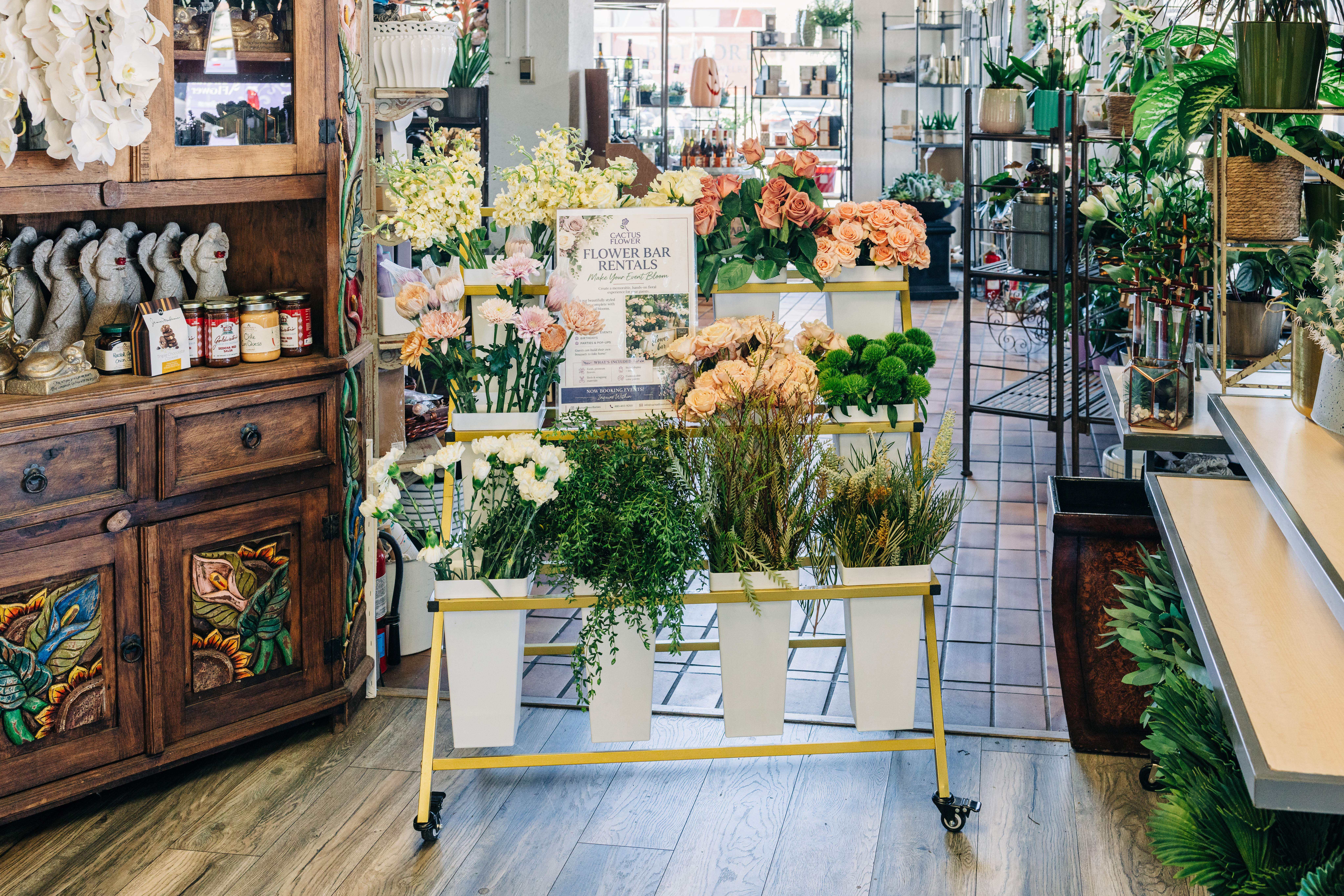 nterior of Cactus Flower Florists in Scottsdale with fresh flowers, succulents and plants on display.