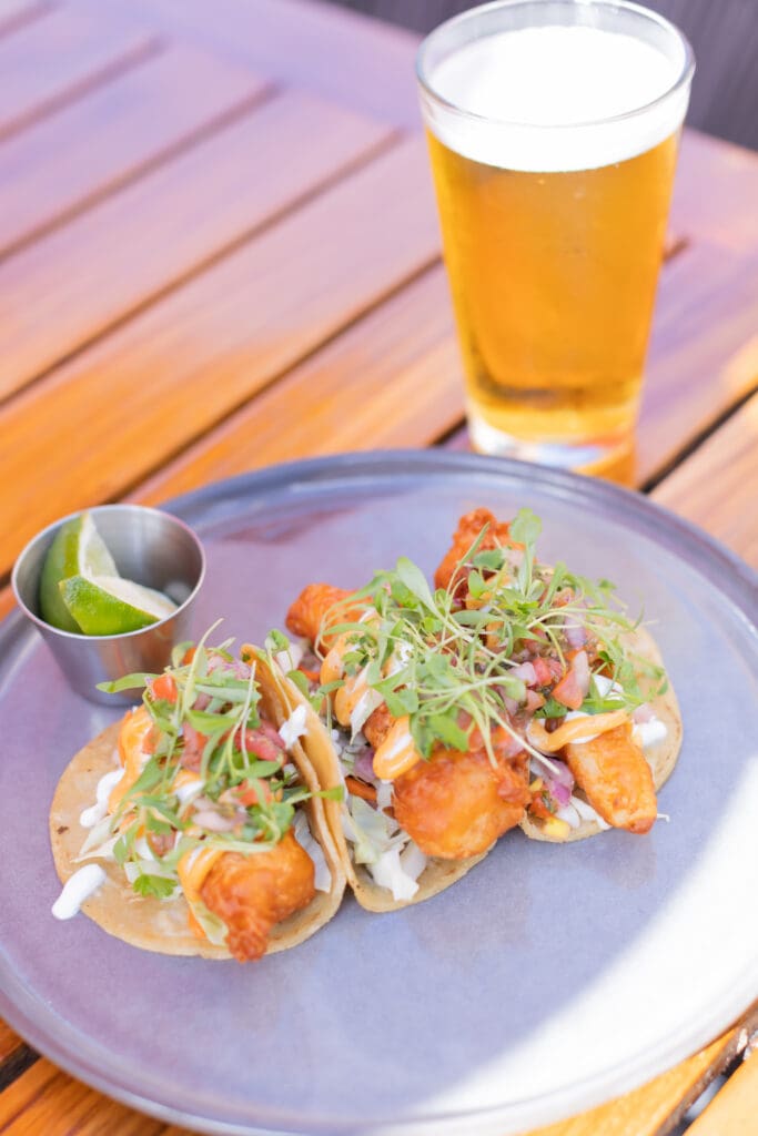 Fish tacos with cabbage, salsa, herbs and lime at Topside Terrace Kitchen & Bar.